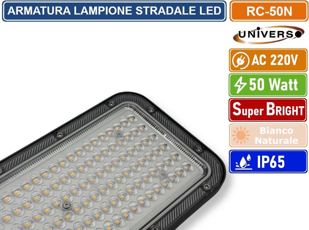UNIVERSO RC-50N PROIETTORE FARO ARMATURA STRADALE LED 50W CON SNODO INCORPORATO DA ESTERNO IP65 LUCE BIANCO NATURALE 4000K - 4