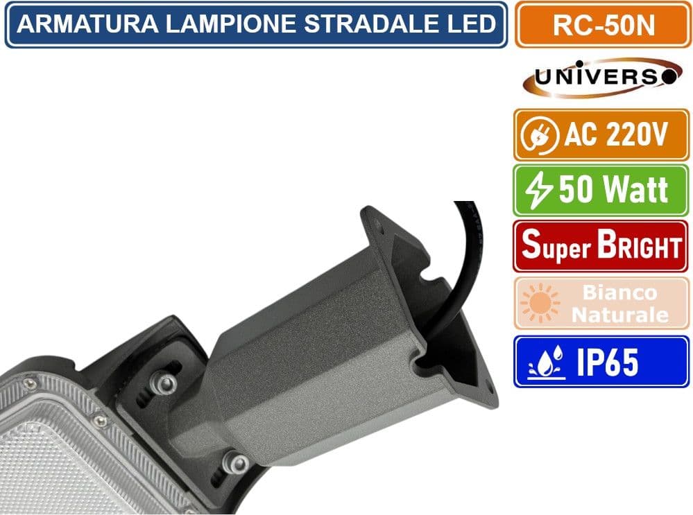 UNIVERSO RC-50N PROIETTORE FARO ARMATURA STRADALE LED 50W CON SNODO INCORPORATO DA ESTERNO IP65 LUCE BIANCO NATURALE 4000K - 5