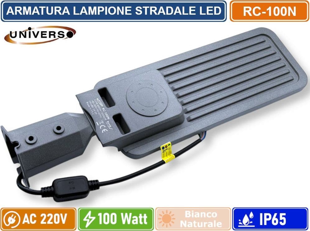 UNIVERSO RC-100N PROIETTORE FARO ARMATURA STRADALE LED 100W CON SNODO INCORPORATO DA ESTERNO IP65 LUCE BIANCO NATURALE 4000K - 3