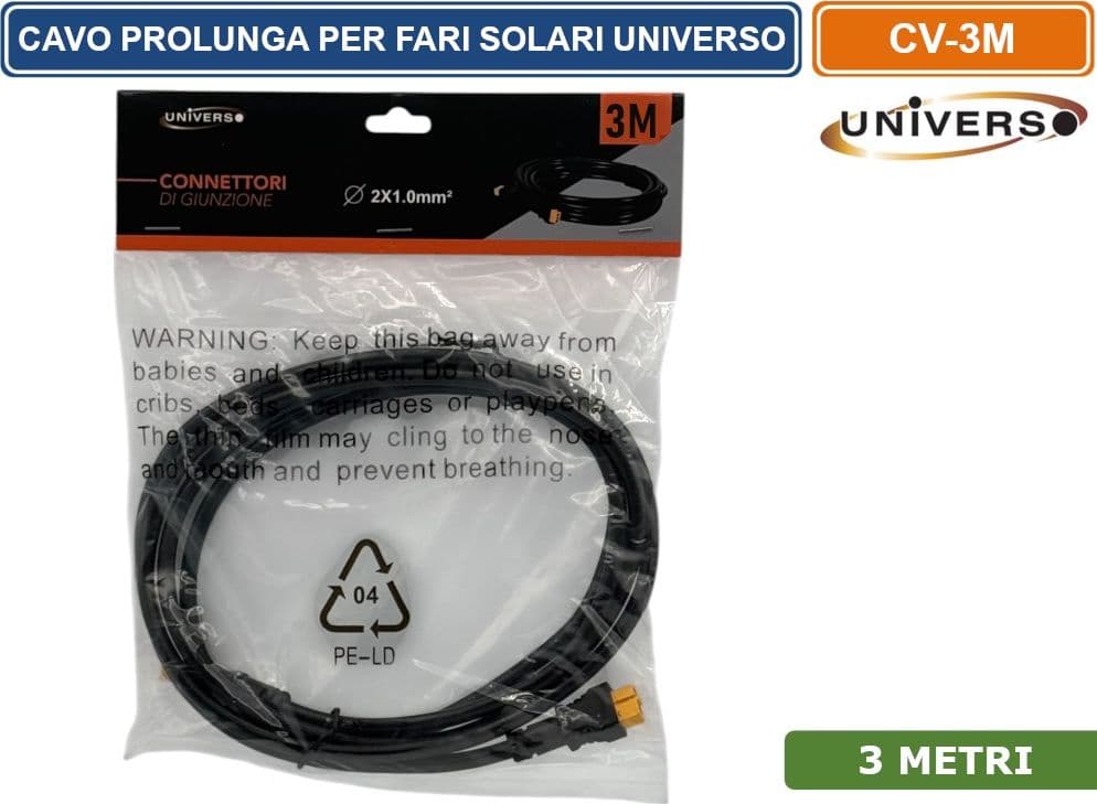 CAVO DI CONNESSIONE PROLUNGA 3 METRI PER FARI SOLARI UNIVERSO CON CONNETTORE IP65 - 3