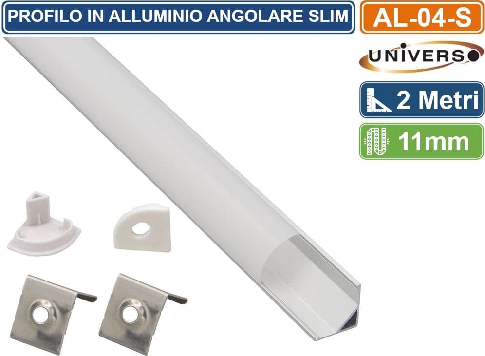 UNIVERSO AL-04-S PROFILO ANGOLARE IN ALLUMINIO PER STRISCE LED A SUPERFICIE CON COPERTURA OPACA LUNGHEZZA 2 METRI
