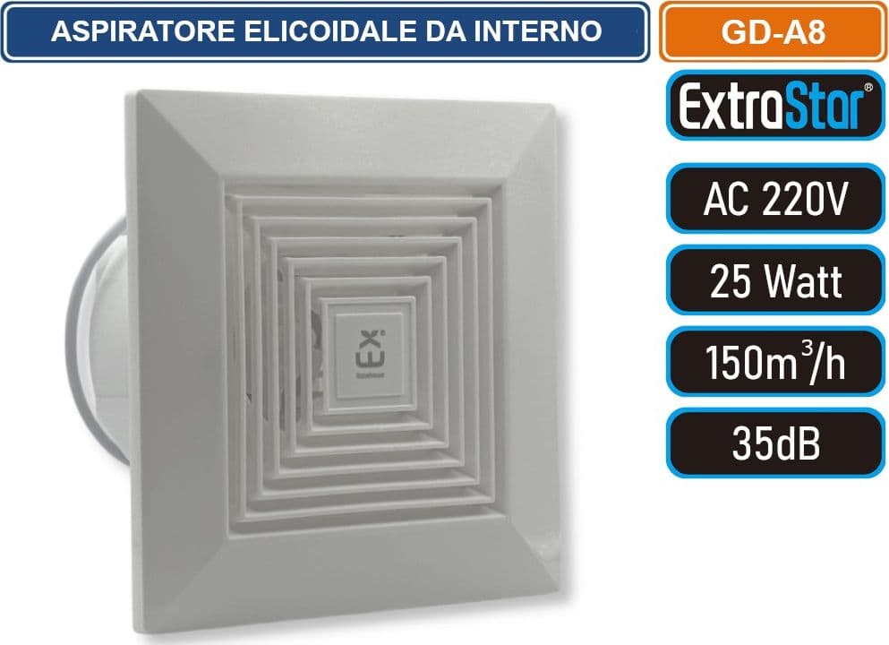 EXTRASTAR FD-A8 ASPIRATORE ELICOIDALE DA INTERNO MONTAGGIO A SOFFITTO 25W COPERTURA 150MQ/H IPX4 - 2