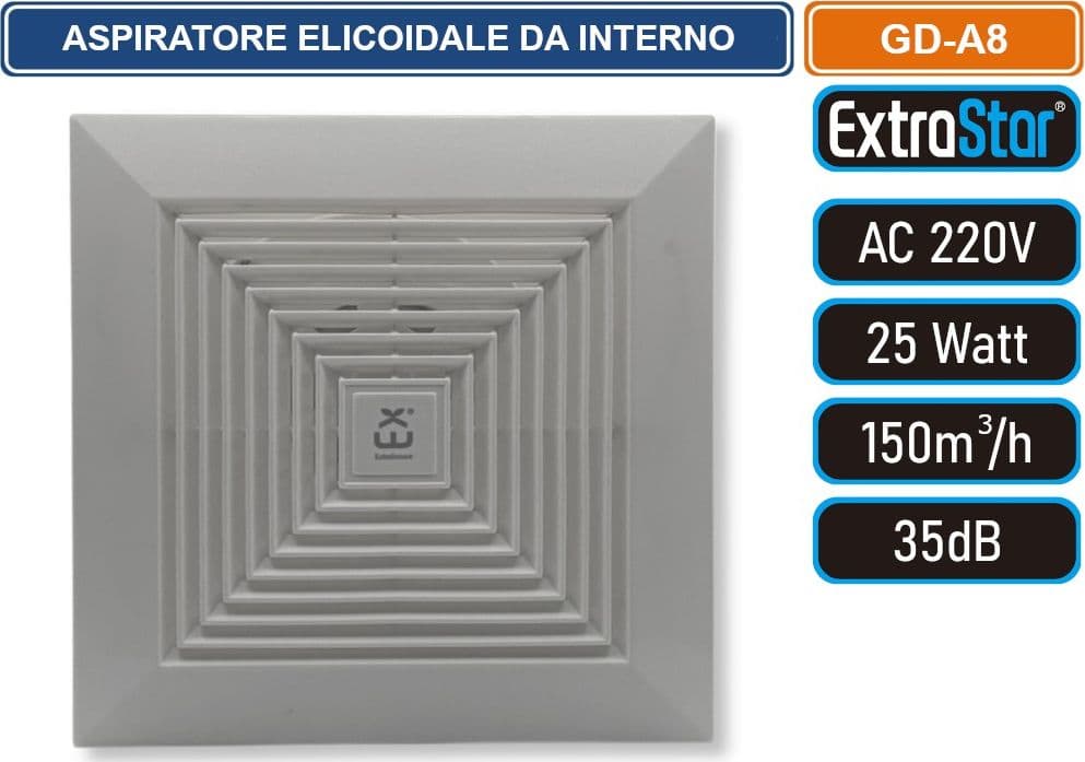 EXTRASTAR FD-A8 ASPIRATORE ELICOIDALE DA INTERNO MONTAGGIO A SOFFITTO 25W COPERTURA 150MQ/H IPX4 - 3
