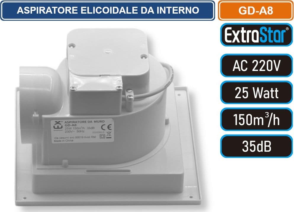 EXTRASTAR FD-A8 ASPIRATORE ELICOIDALE DA INTERNO MONTAGGIO A SOFFITTO 25W COPERTURA 150MQ/H IPX4 - 5