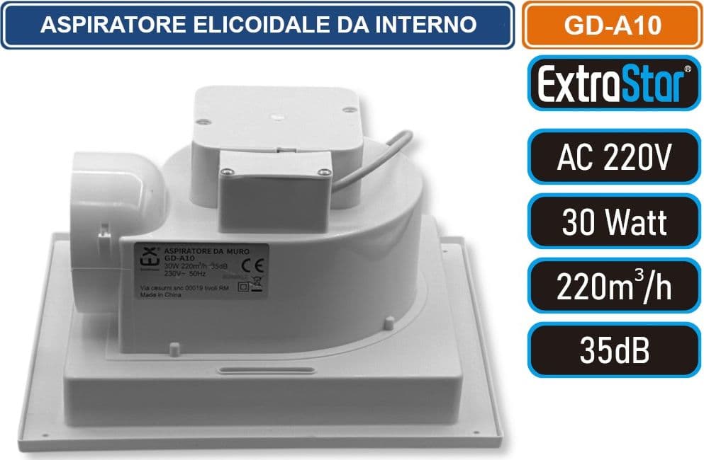 EXTRASTAR FD-A10 ASPIRATORE ELICOIDALE DA INTERNO MONTAGGIO A SOFFITTO 30W COPERTURA 220MQ/H IPX4 - 5