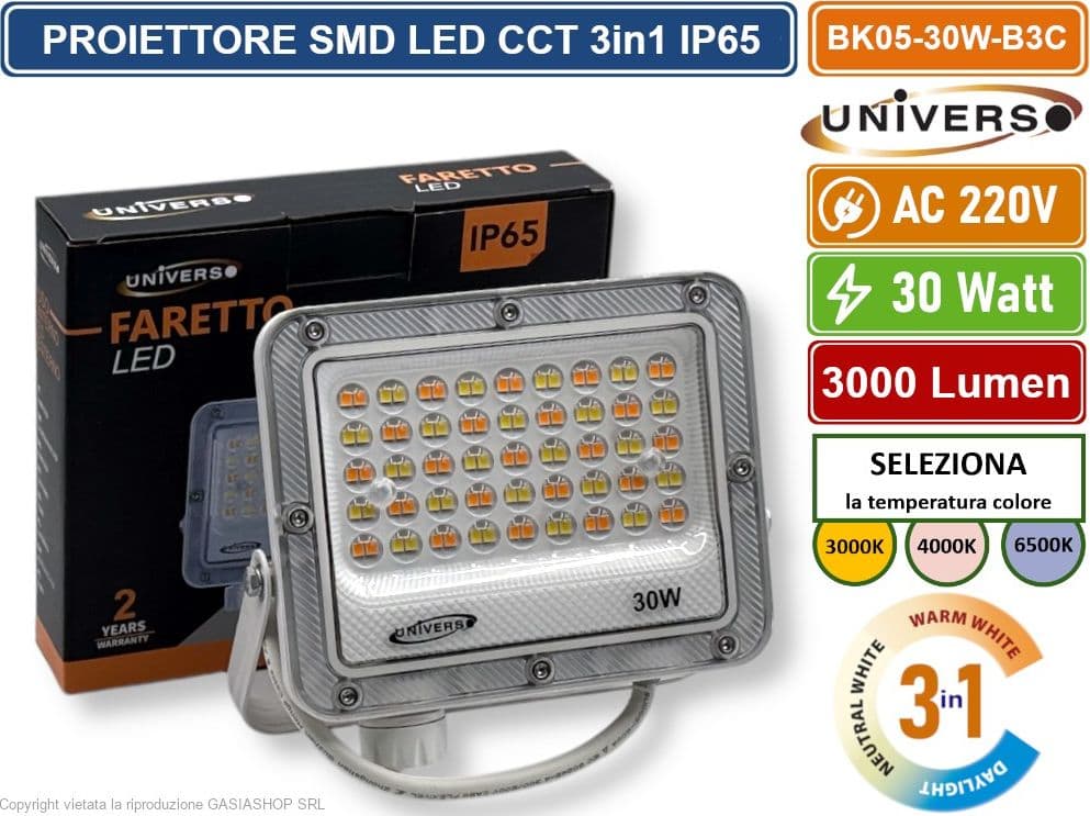 UNIVERSO BK05-30W-B3C FARO PROIETTORE SMD LED FLOODLIGHT 30W SLIM IP65 COLORE BIANCO CCT 3in1 COLORE LUCE SELEZIONABILE