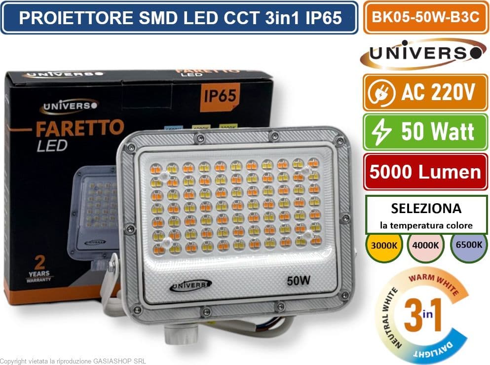 UNIVERSO BK05-50W-B3C FARO PROIETTORE SMD LED FLOODLIGHT 50W SLIM IP65 COLORE BIANCO CCT 3in1 COLORE LUCE SELEZIONABILE