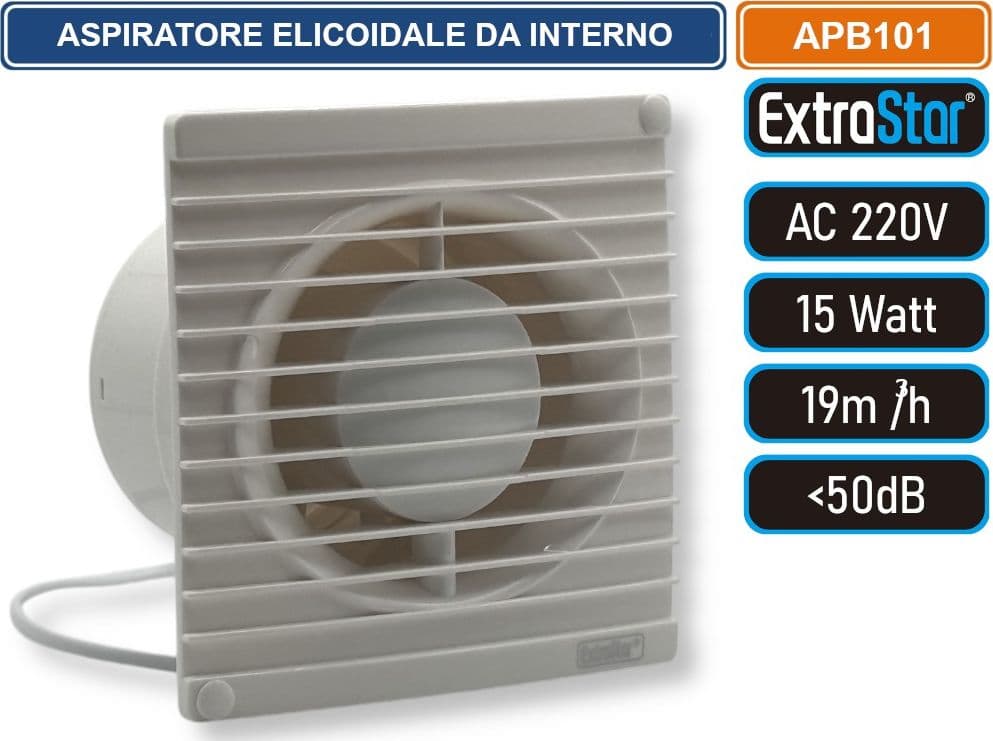 EXTRASTAR APB101 ASPIRATORE ELICOIDALE DA INTERNO MONTAGGIO MONTAGGIO A PARETE 15W 19MQ/H IPX4 - 2