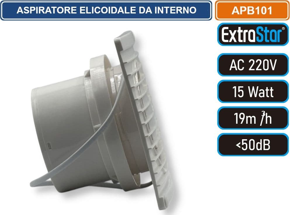 EXTRASTAR APB101 ASPIRATORE ELICOIDALE DA INTERNO MONTAGGIO MONTAGGIO A PARETE 15W 19MQ/H IPX4 - 3
