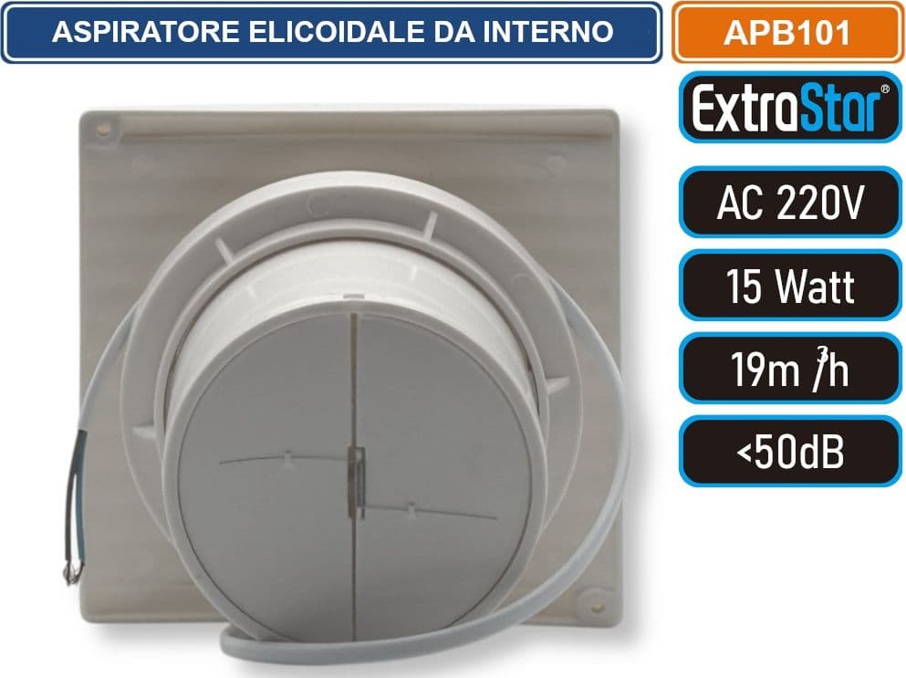 EXTRASTAR APB101 ASPIRATORE ELICOIDALE DA INTERNO MONTAGGIO MONTAGGIO A PARETE 15W 19MQ/H IPX4 - 4