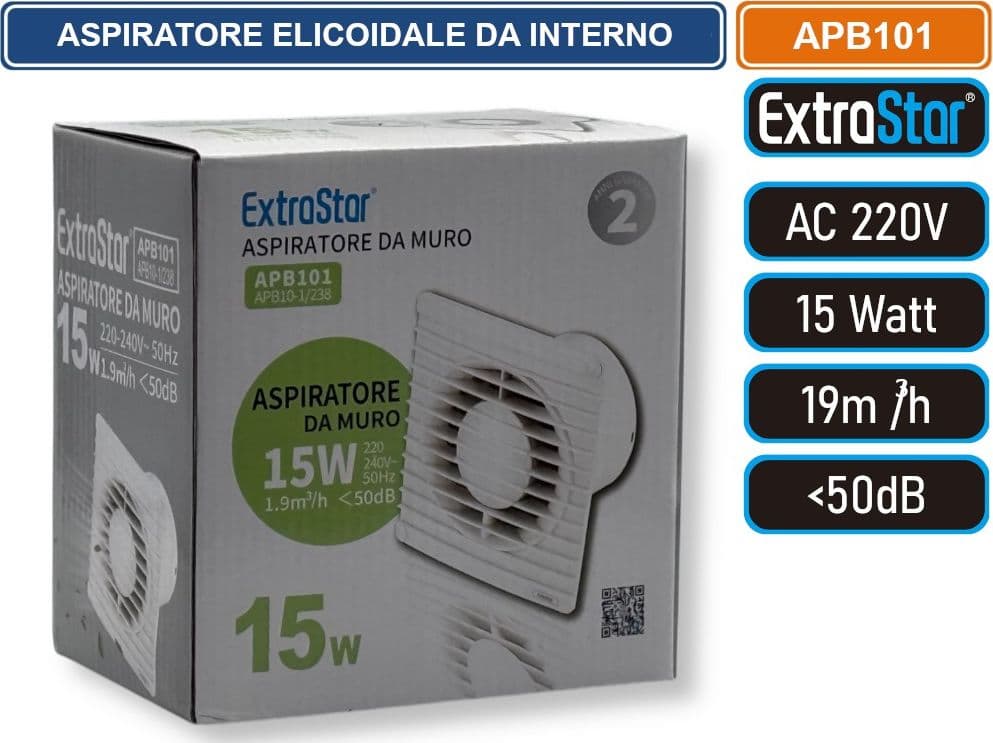 EXTRASTAR APB101 ASPIRATORE ELICOIDALE DA INTERNO MONTAGGIO MONTAGGIO A PARETE 15W 19MQ/H IPX4 - 5