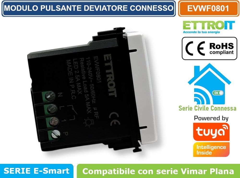 MODULO PULSANTE DEVIATORE CONNESSO SMART WIFI GESTIBILE DA APP TUYA 1P 240V BIANCO COMPATIBILE CON VIMAR SERIE PLANA - ETTROIT - 2
