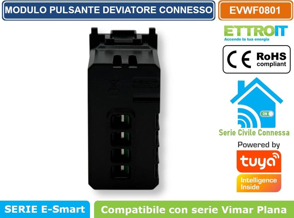 MODULO PULSANTE DEVIATORE CONNESSO SMART WIFI GESTIBILE DA APP TUYA 1P 240V BIANCO COMPATIBILE CON VIMAR SERIE PLANA - ETTROIT - 3