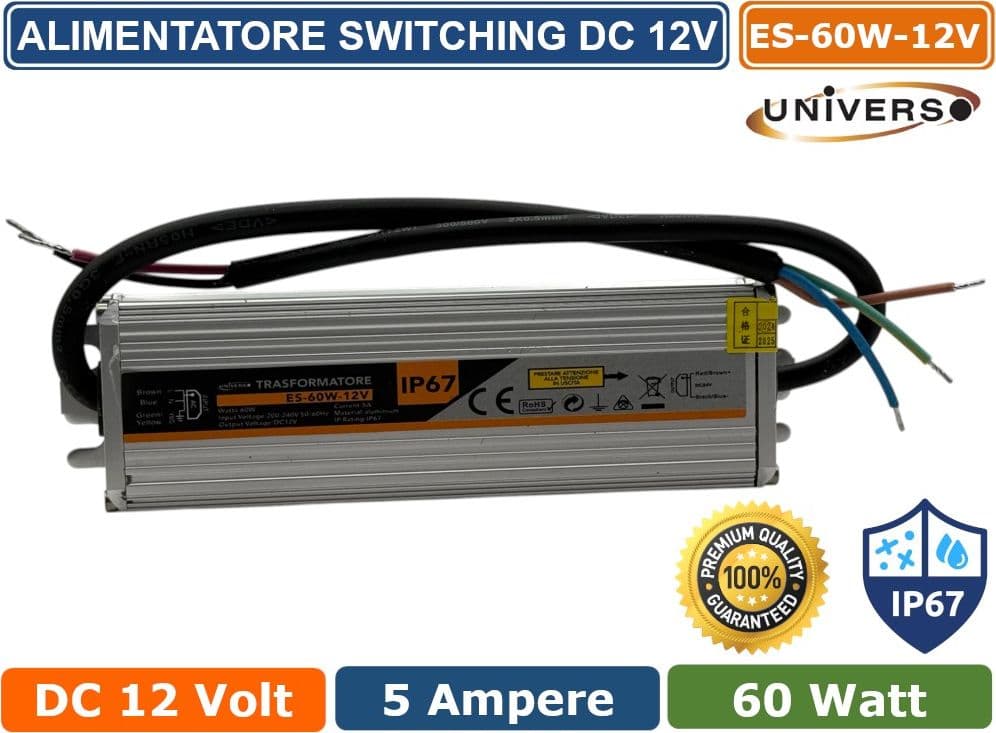 ALIMENTATORE METALLICO STABILIZZATO SWITCHING IMPERMEABILE IP67 220V-12V 5A 60 WATT - 2