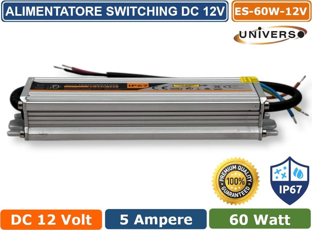 ALIMENTATORE METALLICO STABILIZZATO SWITCHING IMPERMEABILE IP67 220V-12V 5A 60 WATT - 3