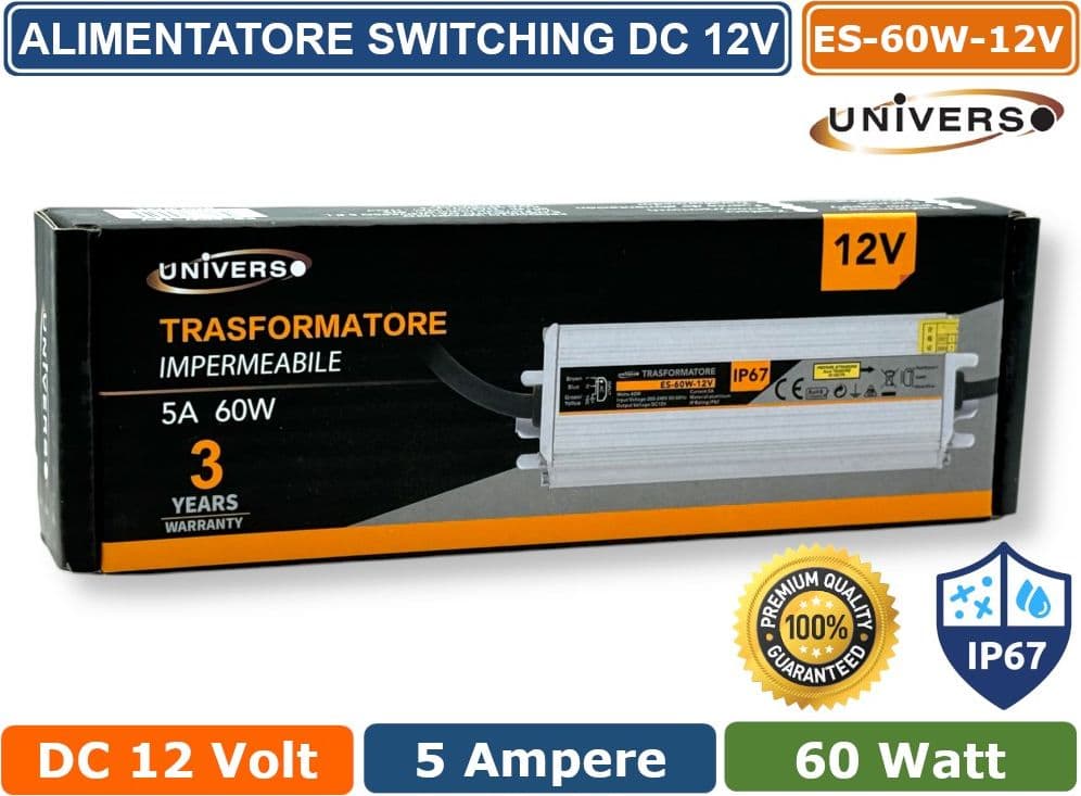 ALIMENTATORE METALLICO STABILIZZATO SWITCHING IMPERMEABILE IP67 220V-12V 5A 60 WATT - 4