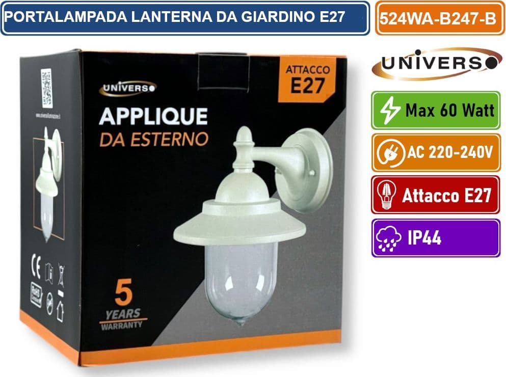 UNIVERSO 524WA-B247-B PORTALAMPADA LANTERNA DA GIARDINO WALL LAMP BIANCA DA MURO IP44 PER LAMPADINE E27 - 4