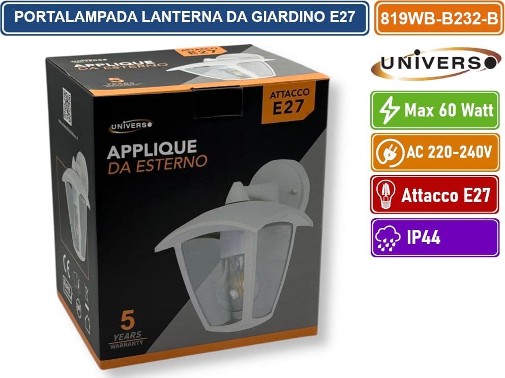 UNIVERSO  819WB-B232-B PORTALAMPADA LANTERNA DA GIARDINO WALL LAMP BIANCO DA MURO IP44 PER LAMPADINE E27 - 2