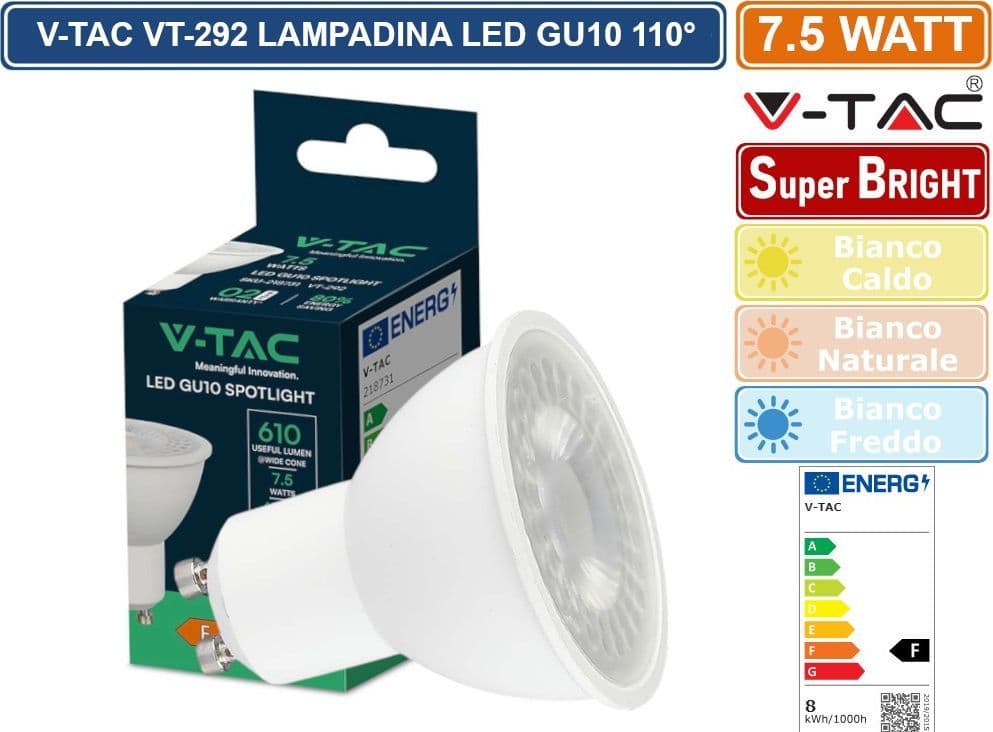 V-TAC VT-292 LAMPADINA LED GU10 7.5W FARETTO SPOTLIGHT SMD CHIP 110° - SKU 218721 / 218731 / 218741 - 5
