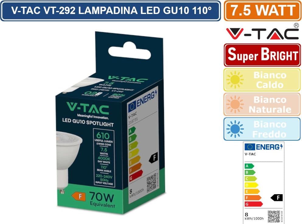 CONFEZIONE 10 PEZZI V-TAC VT-292 LAMPADINA LED GU10 7.5W FARETTO SPOTLIGHT SMD CHIP 110° - SKU 218721 / 218731 / 218741 - 4