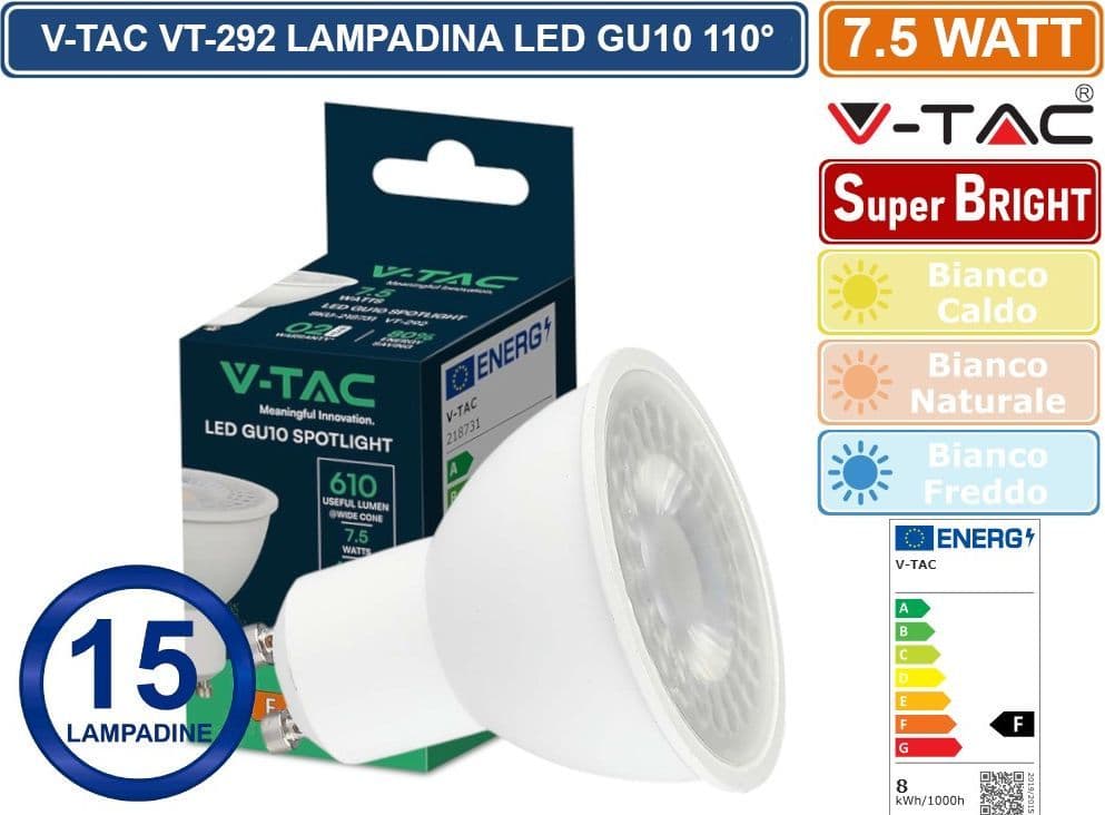 CONFEZIONE 15 PEZZI V-TAC VT-292 LAMPADINA LED GU10 7.5W FARETTO SPOTLIGHT SMD CHIP 110° - SKU 218721 / 218731 / 218741 - 5