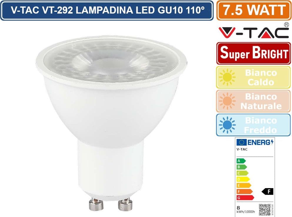 CONFEZIONE 15 PEZZI V-TAC VT-292 LAMPADINA LED GU10 7.5W FARETTO SPOTLIGHT SMD CHIP 110° - SKU 218721 / 218731 / 218741 - 3