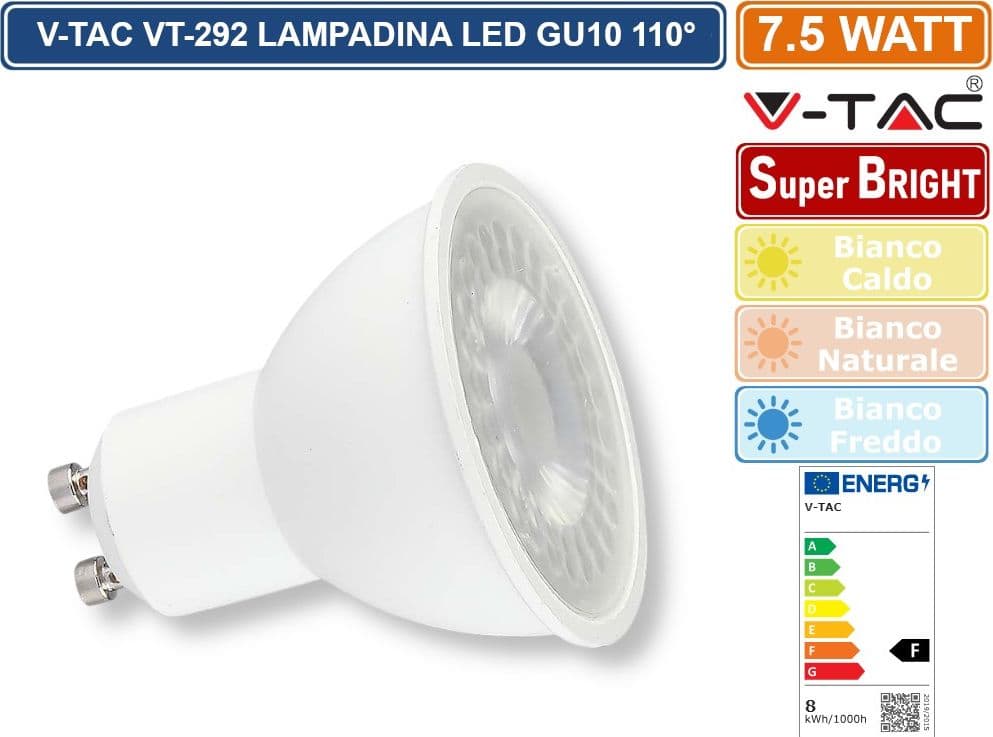 CONFEZIONE 20 PEZZI V-TAC VT-292 LAMPADINA LED GU10 7.5W FARETTO SPOTLIGHT SMD CHIP 110° - SKU 218721 / 218731 / 218741 - 2