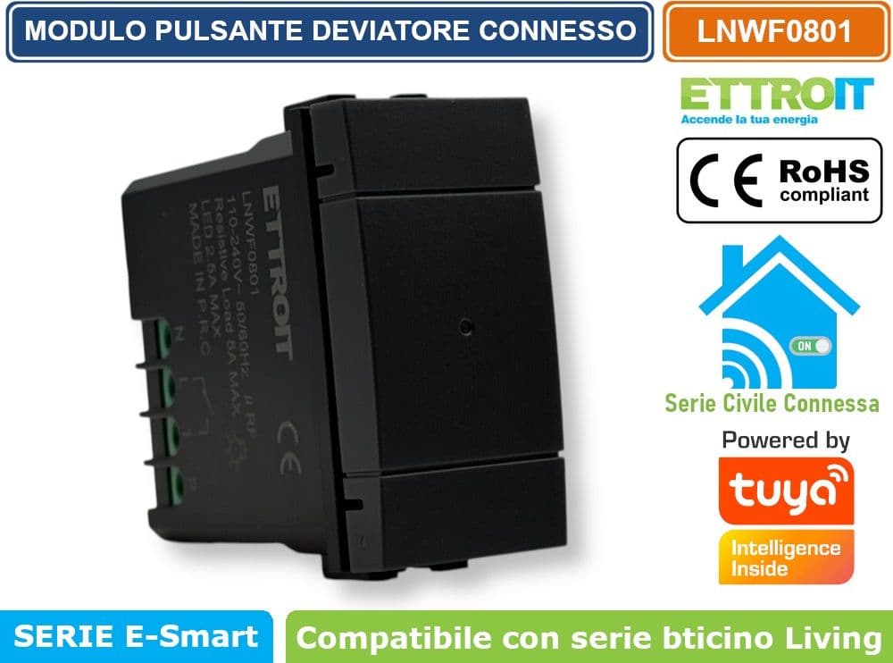 MODULO PULSANTE DEVIATORE CONNESSO SMART WIFI GESTIBILE DA APP TUYA 1P 240V NERO COMPATIBILE CON BTICINO SERIE LIVING - ETTROIT