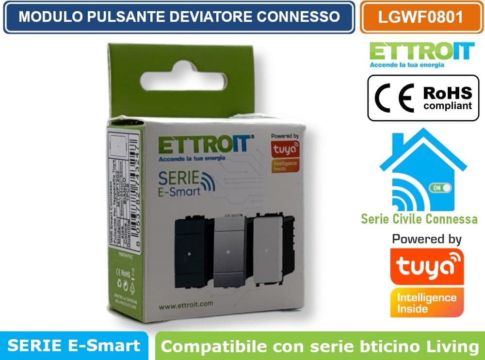 MODULO PULSANTE DEVIATORE CONNESSO SMART WIFI GESTIBILE DA APP TUYA 1P 240V SILVER COMPATIBILE CON BTICINO SERIE LIVING - ETTROIT - 4