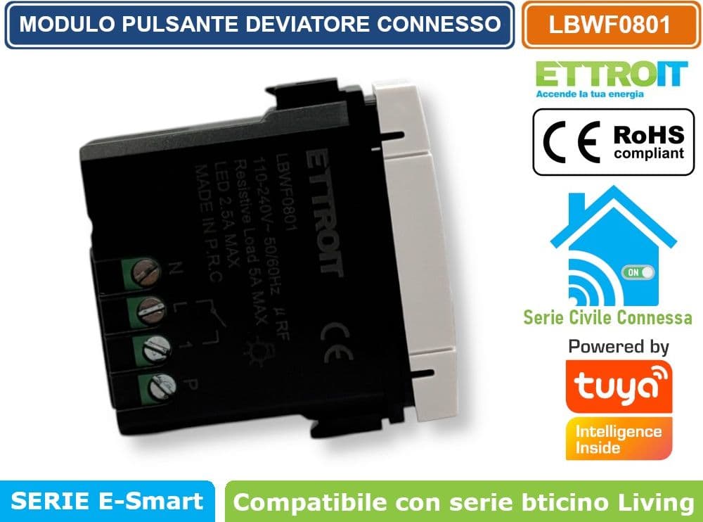 MODULO PULSANTE DEVIATORE CONNESSO SMART WIFI GESTIBILE DA APP TUYA 1P 240V BIANCO COMPATIBILE CON BTICINO SERIE LIVING - ETTROIT - 2