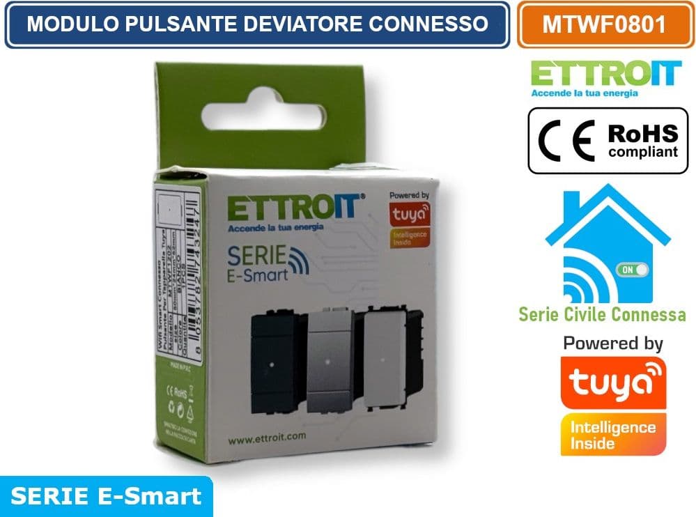 MODULO PULSANTE DEVIATORE CONNESSO SMART WIFI GESTIBILE DA APP TUYA 1P 240V BIANCO COMPATIBILE CON BTICINO SERIE MATIX - ETTROIT - 4