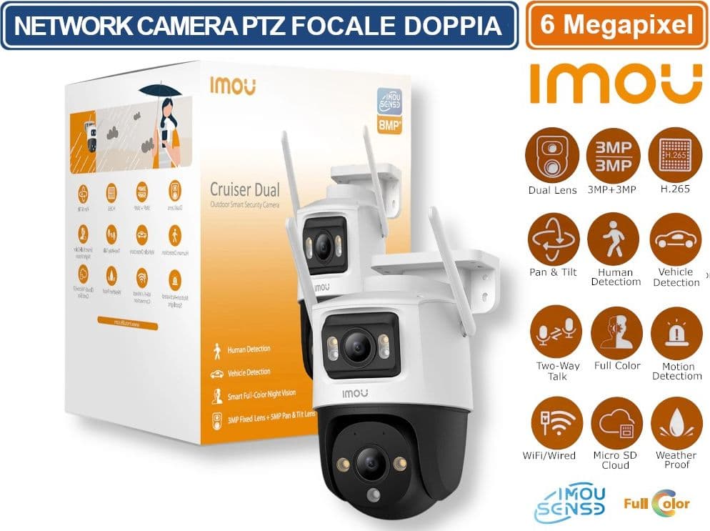 IMOU CRUISER DUAL TELECAMERA PTZ NETWORK DOPPIO OBIETTIVO 6 MP FULL COLOR RICONOSCIMENTO UMANO E VEICOLI SLOT SD IP66