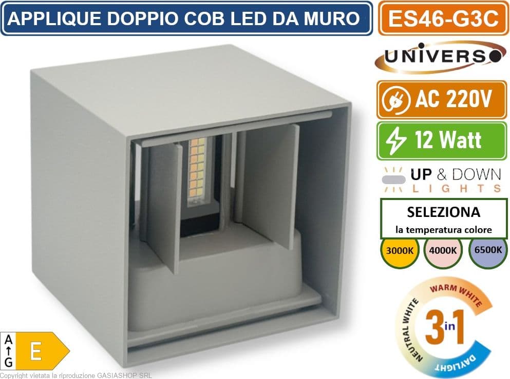 UNIVERSO ES46-G3C APPLIQUE LAMPADA DA MURO DOPPIO LED COB 12W FASCIO REGOLABILE CON SWITCH CCT PER SELEZIONE LUCE 3000K/4000K/6500K IP65 - 2