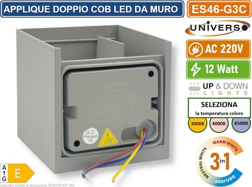UNIVERSO ES46-G3C APPLIQUE LAMPADA DA MURO DOPPIO LED COB 12W FASCIO REGOLABILE CON SWITCH CCT PER SELEZIONE LUCE 3000K/4000K/6500K IP65 - 3