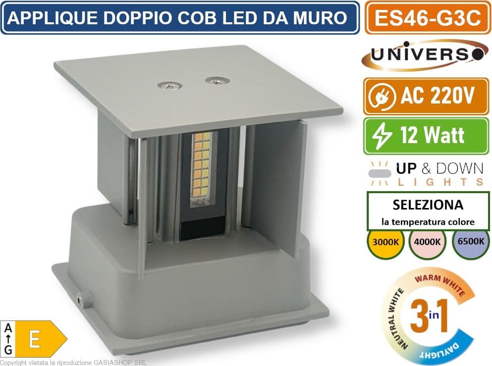 UNIVERSO ES46-G3C APPLIQUE LAMPADA DA MURO DOPPIO LED COB 12W FASCIO REGOLABILE CON SWITCH CCT PER SELEZIONE LUCE 3000K/4000K/6500K IP65 - 4