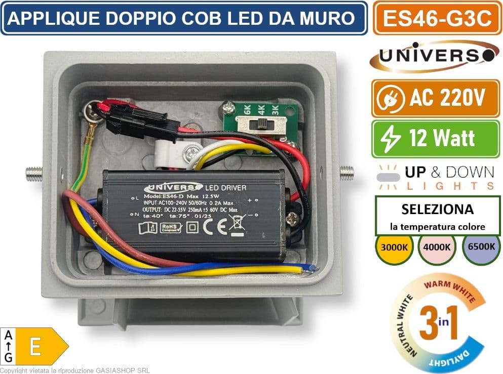UNIVERSO ES46-G3C APPLIQUE LAMPADA DA MURO DOPPIO LED COB 12W FASCIO REGOLABILE CON SWITCH CCT PER SELEZIONE LUCE 3000K/4000K/6500K IP65 - 5