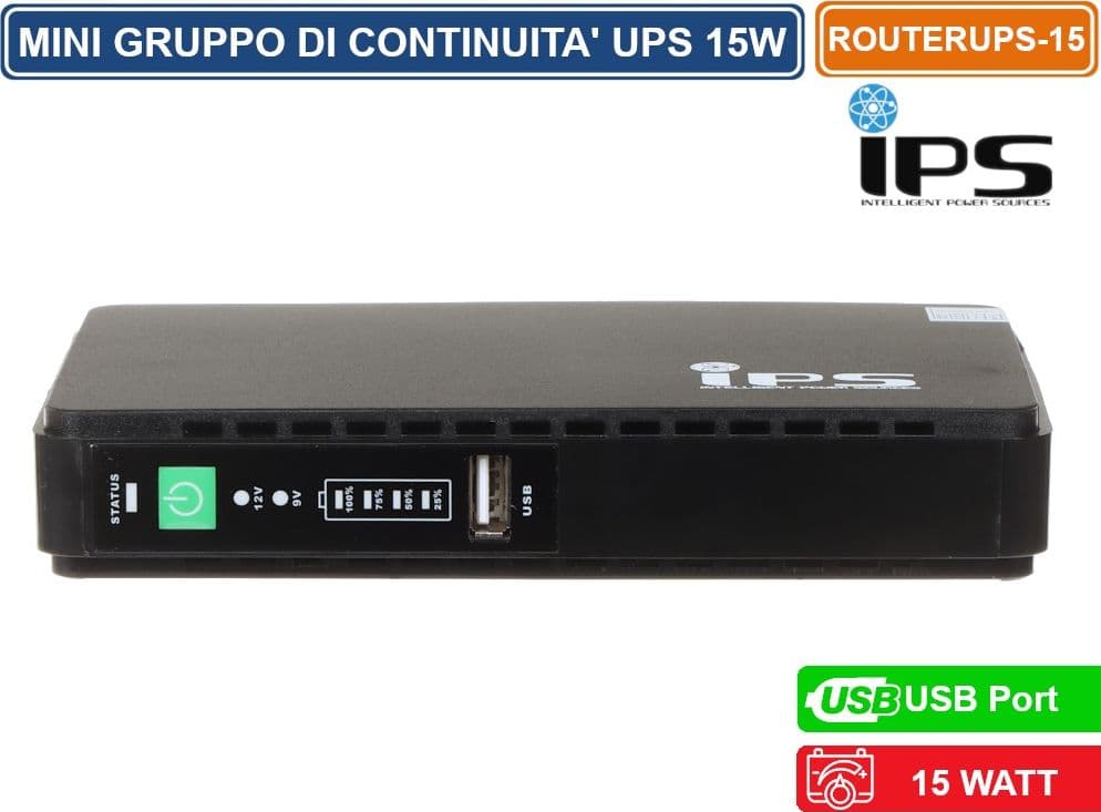IPS GRUPPO DI CONTINUITA 15W PER MODEM ROUTER TVCC ACCESS POINT SWITCH DC 9/12V USB 3A - 3