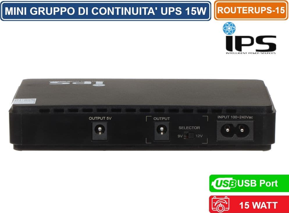 IPS GRUPPO DI CONTINUITA 15W PER MODEM ROUTER TVCC ACCESS POINT SWITCH DC 9/12V USB 3A - 4