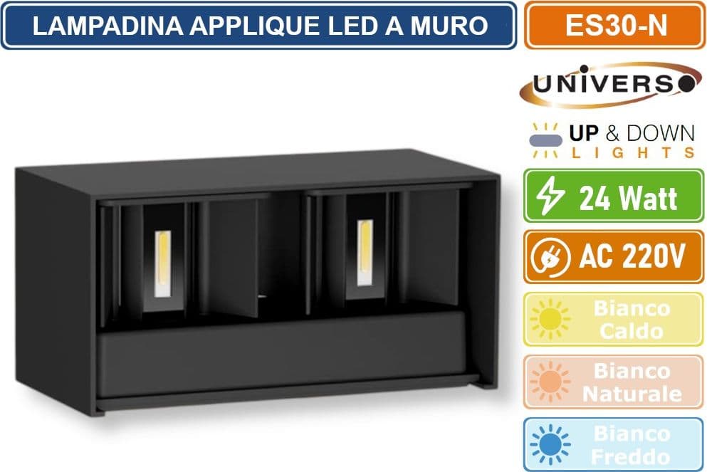 UNIVERSO LAMPADA APPLIQUE LED DA MURO NERA 24W WALL LIGHT CON DOPPIO FASCIO LUMINOSO REGOLABILE IP65 - 3