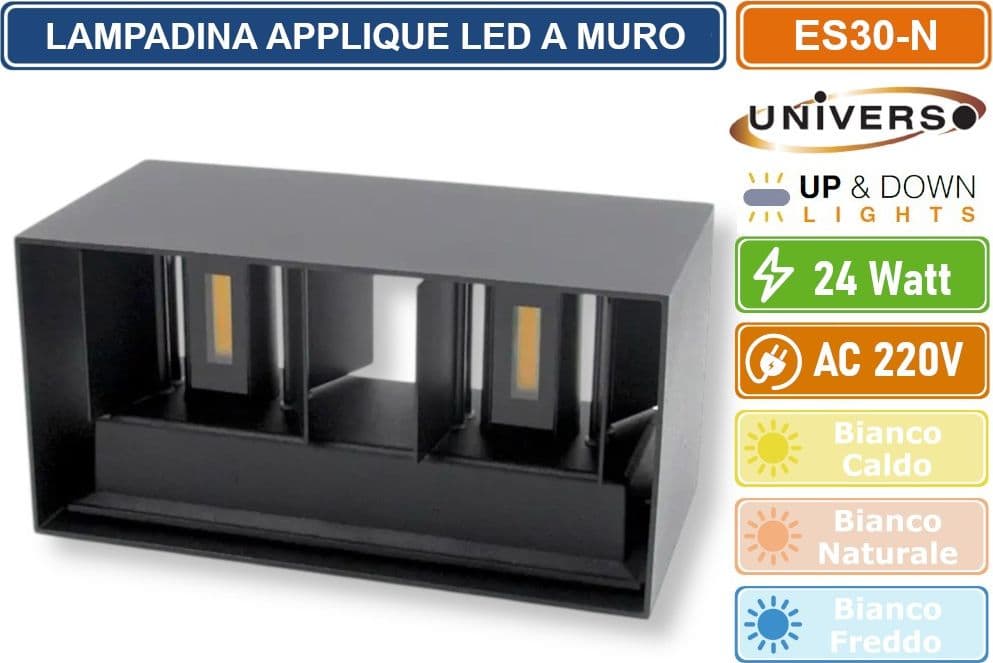 UNIVERSO LAMPADA APPLIQUE LED DA MURO NERA 24W WALL LIGHT CON DOPPIO FASCIO LUMINOSO REGOLABILE IP65 - 4