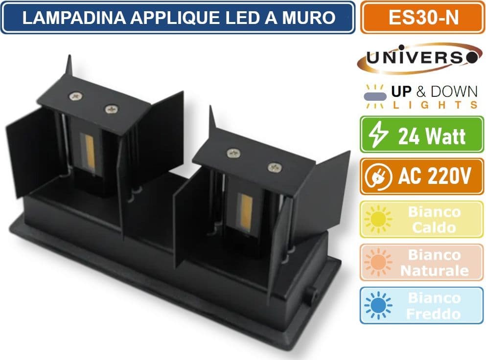 UNIVERSO LAMPADA APPLIQUE LED DA MURO NERA 24W WALL LIGHT CON DOPPIO FASCIO LUMINOSO REGOLABILE IP65 - 5