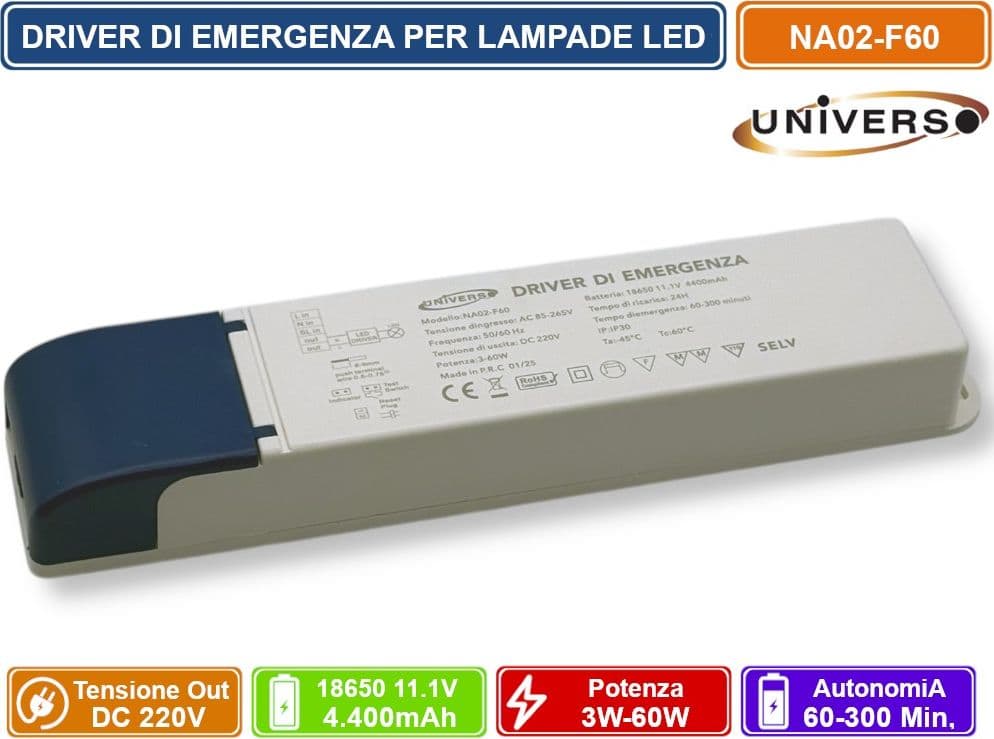 UNIVERSO NA02-F60 DRIVER DI EMERGENZA PER LAMPADE LED DA 3W A 60W AUTONOMIA FINO A 300 MINUTI USCITA DC 220V - 2