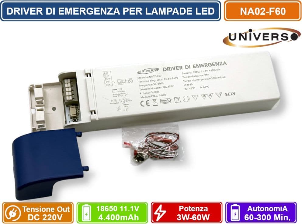 UNIVERSO NA02-F60 DRIVER DI EMERGENZA PER LAMPADE LED DA 3W A 60W AUTONOMIA FINO A 300 MINUTI USCITA DC 220V - 3