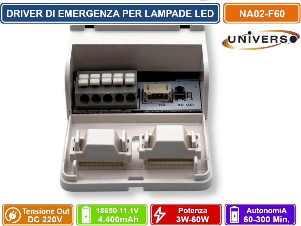 UNIVERSO NA02-F60 DRIVER DI EMERGENZA PER LAMPADE LED DA 3W A 60W AUTONOMIA FINO A 300 MINUTI USCITA DC 220V - 4