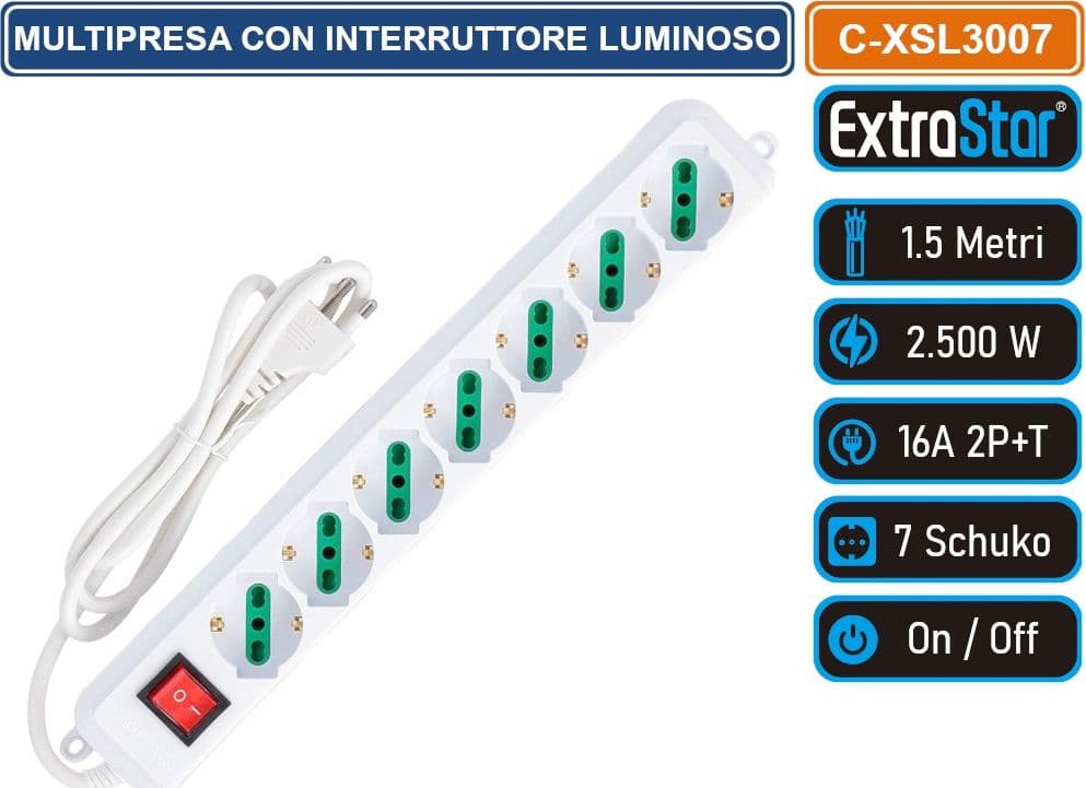 EXTRASTAR MULTIPRESA 7 POSTI BIPASSO SCHUKO 250V COLORE BIANCO CON INTERRUTTORE LUMINOSO 3500W 10/16A