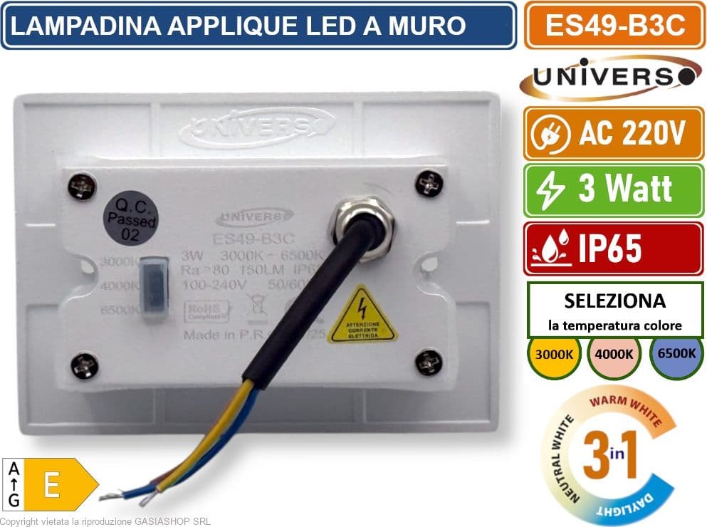 UNIVERSO ES49-B3C PUNTO LUCE SEGNAPASSO RETTANGOLARE LED AD INCASSO CAMBIA COLORE CCT 3IN1 3W 24° DA ESTERNO IP65 - 4