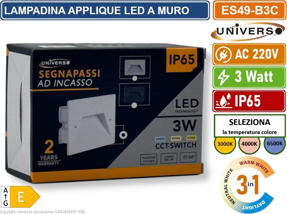 UNIVERSO ES49-B3C PUNTO LUCE SEGNAPASSO RETTANGOLARE LED AD INCASSO CAMBIA COLORE CCT 3IN1 3W 24° DA ESTERNO IP65 - 5