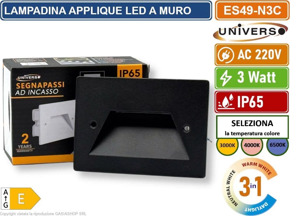 UNIVERSO ES49-N3C PUNTO LUCE SEGNAPASSO RETTANGOLARE LED AD INCASSO CAMBIA COLORE CCT 3IN1 3W 24° DA ESTERNO IP65
