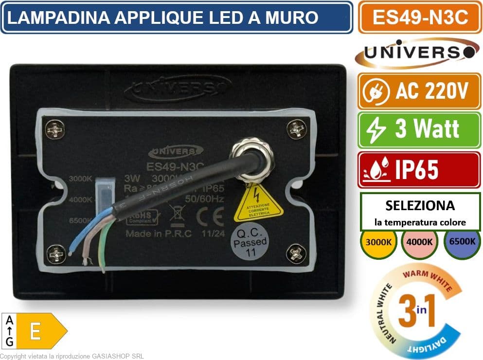 UNIVERSO ES49-N3C PUNTO LUCE SEGNAPASSO RETTANGOLARE LED AD INCASSO CAMBIA COLORE CCT 3IN1 3W 24° DA ESTERNO IP65 - 4