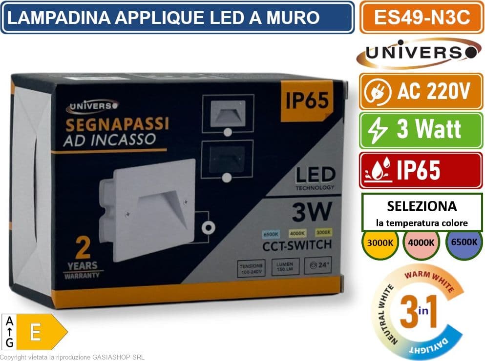 UNIVERSO ES49-N3C PUNTO LUCE SEGNAPASSO RETTANGOLARE LED AD INCASSO CAMBIA COLORE CCT 3IN1 3W 24° DA ESTERNO IP65 - 5